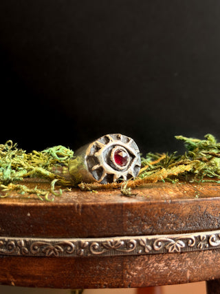 Silver ring with a red gemstone on a wooden base with green moss, against a black background
