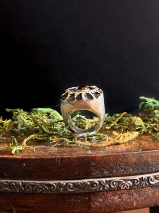 Silver ring with a red gemstone on a wooden base with green moss, against a black background